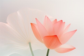 Obraz premium A soft pink lotus flower and leaf with dewdrops create a soothing and elegant composition.