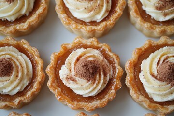 Aerial view of mini tart desserts with a flaky crust sweet filling and pumpkin spice cream perfect for autumn celebrations