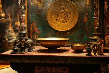 Aesthetic Tibetan bowl and gong in a ritual setting
