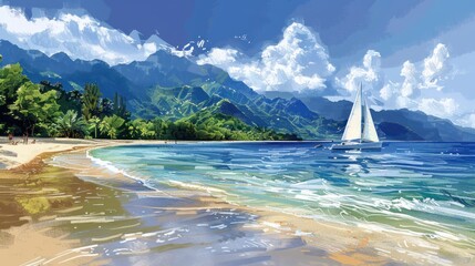 Vibrant oil painting of a beach, featuring a sailboat, mountains, and a clear blue sky with white clouds, capturing the essence of a seaside vacation.