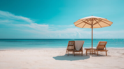 A beach striped umbrella and two chair on a natural background of blue sky and sand.
