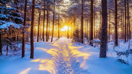 Obraz premium A tranquil snow-covered path through a forest at sunrise creating a magical winter atmosphere