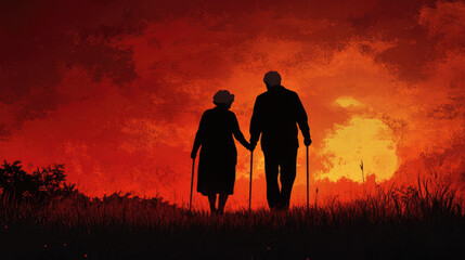 Fototapeta premium A silhouetted elderly couple, walking together with canes, against a vibrant sunset backdrop, symbolizes companionship, love, and the beauty of shared life journeys.