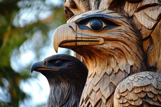 Alaskan wooden totem featuring an eagle crow and bear