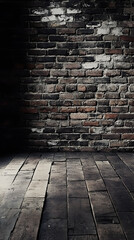 A dimly lit interior featuring a textured brick wall and wooden floor in an urban setting