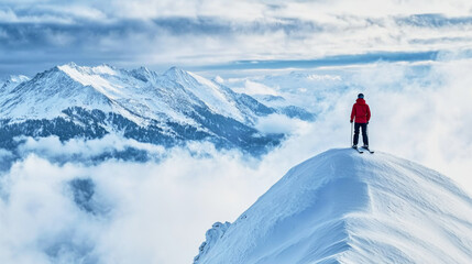 A skier stands atop a snowy mountain peak surrounded by clouds, embracing the tranquility of winter adventure