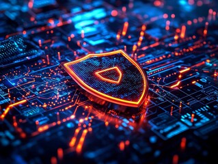 Fototapeta premium Cybersecurity Shield on Circuit Board, Digital Protection, Data Security
