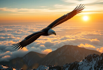 Naklejka premium An awe-inspiring photo of an eagle gliding gracefully over misty mountains during sunrise, symbolizing strength and freedom.