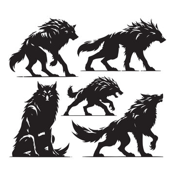 Set of werewolf silhouettes isolated on a white background, Vector illustration.