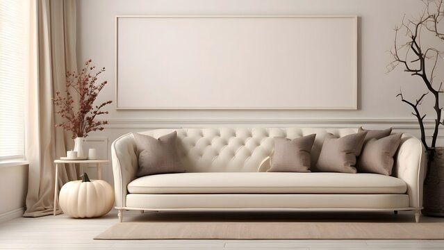 Modern minimalist wall art mockup of ivory luxury living room for Halloween, blank frame for wall art mockup of sofa living room, Halloween and Christmas spooky scary vibes of the room interior design