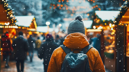 A winter evening at a charming Christmas market with decorated cottages and falling snow
