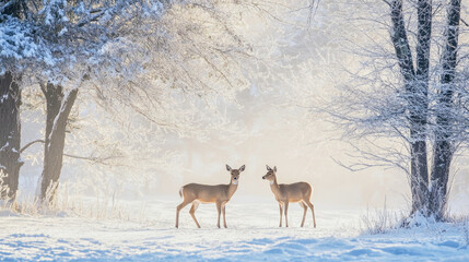 Obraz premium Two deer quietly stand in the morning light among snow-covered trees with a light fog creating a tranquil atmosphere