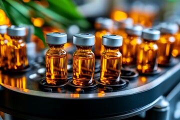 Vaccine vials lined up on a stainless steel tray in a modern laboratory setting
