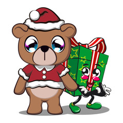 vector isolated illustration of cute bear cartoon mascot being santa claus with green gift box, work of hand drawn