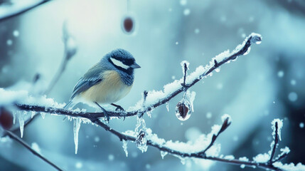 Fototapeta premium Small birds perched on snow-covered branches during a cold winter day with frozen water droplets