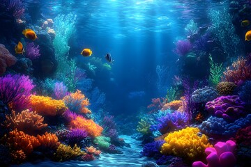 Naklejka premium Captivating Underwater Coral Reef Teeming with Vibrant Marine Life in 3D