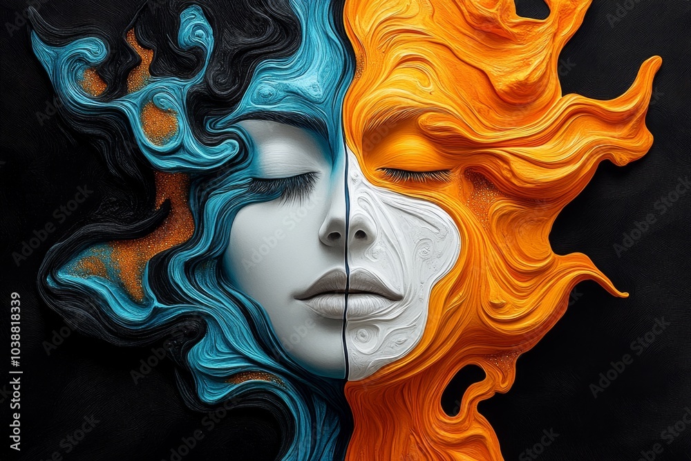 Poster watercolor painting of a face, with half of it melting into abstract shapes and colors, representing