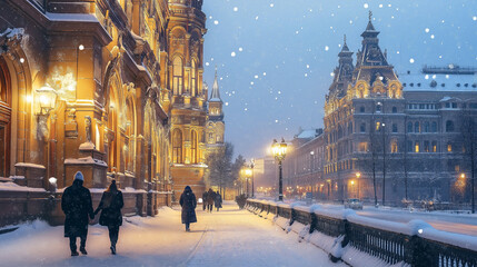 Fototapeta premium Snow falling on a European city street with historic buildings