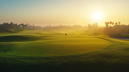 An expansive golf course at sunrise, Golf clubs neatly arranged, Classic sporty style
