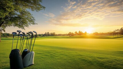An expansive golf course at sunrise, Golf clubs neatly arranged, Classic sporty style
