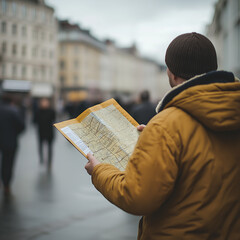 Naklejka premium Man reading a map in a European city street