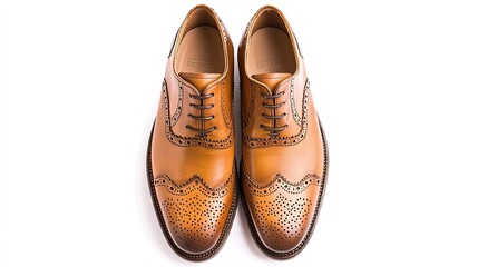 Fototapeta premium Elegant brown leather dress shoes with intricate perforations, ideal for formal occasions and stylish outfits.