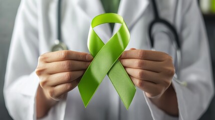 A doctor holds a lime green ribbon, symbolizing support for Lymphoma, mental health awareness, Lyme Disease, and spinal cord injuries. 