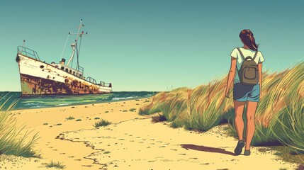 A beautiful girl walks along the ocean shore near an old rusty ship, aground, framed by a clear sky, capturing a picturesque and calm scene.
