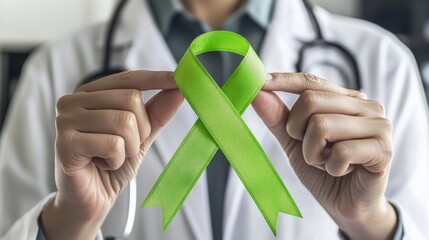 A doctor holds a lime green ribbon, symbolizing support for Lymphoma, mental health awareness, Lyme Disease, and spinal cord injuries. 