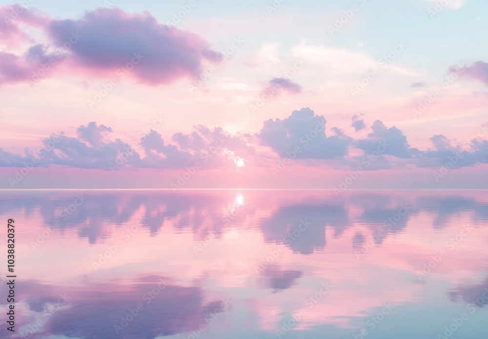 Aufkleber beautiful pastel sky with clouds and calm water reflection. a serene scene of pink sunset over the o