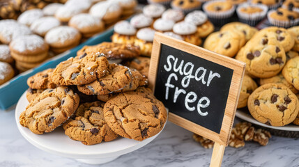 Delicious assortment of sugar-free cookies on display at a bakery with a chalkboard sign
