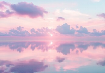 Fototapeta premium Beautiful pastel sky with clouds and calm water reflection. A serene scene of pink sunset over the ocean, creating an atmosphere of tranquility and peace. The sky is painted in soft pinks and blues