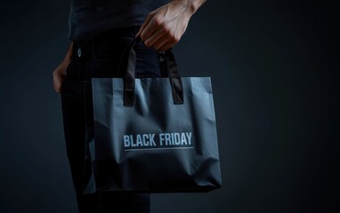 Naklejka premium A person holds an empty black shopping bag with the inscription 