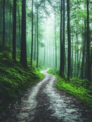 Naklejka premium A winding dirt path through a misty forest of tall trees, creating an atmospheric and enchanting scene with lush green undergrowth