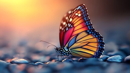 Obraz premium A colorful butterfly with orange, red, yellow, and blue wings is perched on a bed of grey pebbles at sunset.