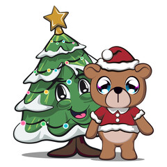 vector isolated illustration of cute bear cartoon mascot being santa claus with christmas tree, work of hand drawn