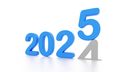 2025 new year, happy new year 2025, 3d illustration of 2025 blue 3d text turning year from 2021 to 2022. white background with empty space for text