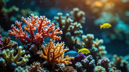 Vibrant coral reef with colorful fish swimming in a tropical ocean.