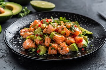 Black dish featuring tasty salmon ceviche avocado and lime