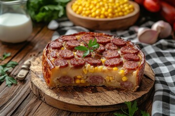 Blend sausage pie a Brazilian dish made with milk wheat oil sausage and corn on a checkered tablecloth Front view