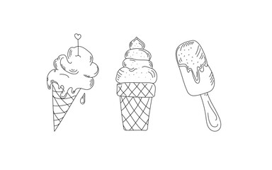 Ice cream drawings. Set of hand drawn linear icons. Ice cream, popsicle, ice. National Ice Cream Day.