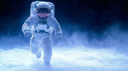 An astronaut explores the cosmic depths while gliding through the ethereal clouds of space