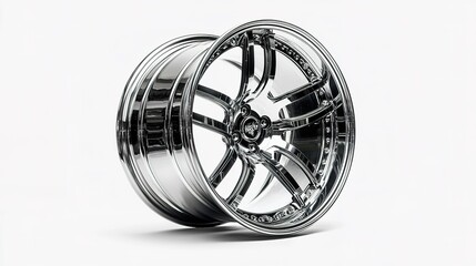 A sleek chrome alloy wheel with intricate spokes, showcasing a modern design that adds style to any...