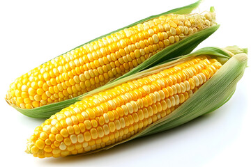 Two Ears of Vibrant Yellow Corn on White Background