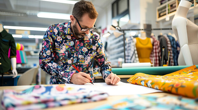 Fashion designer sketching a new design in a creative studio. Concept of artistic creativity, trendy patterns, fashion innovation, Sewing, and professional craftsmanship