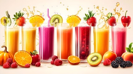 Vibrant Fruit Juice and Smoothie Splashes in Glasses with Various Berries and Tropical Ingredients
