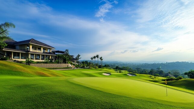 An expansive golf course with rolling hills and pristine fairways, Golf clubs neatly set near a luxurious clubhouse, Classic elegance style