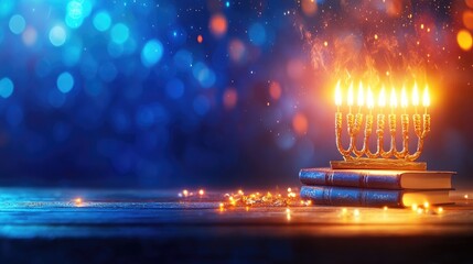 Hanukkah celebration with glowing menorah and festive lights for seasonal greeting card design