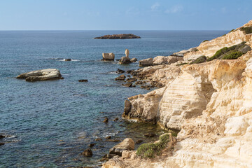 Secluded beach and limestone rock formations, Sea Caves, Peyia, Paphos, Cyprus