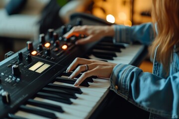 Caucasian woman playing synthesizer keyboard in a cozy indoor setting during evening hours